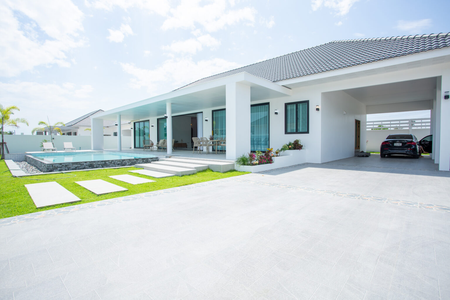 Wide-angle view of a modern one-story white pool villa with a private swimming pool, green lawn, and integrated carport under a clear blue sky.